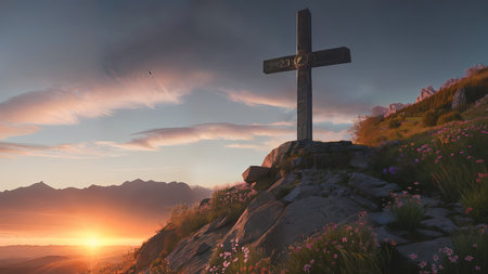 Religious Cross on the mountain at sunset. Landscape with flowers and a cross.の素材