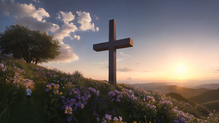 Religious Cross on the mountain at sunset. Landscape with flowers and a cross.の素材