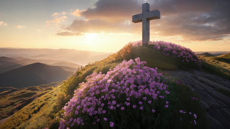 Religious Cross on the mountain at sunset. Landscape with flowers and a cross.の素材