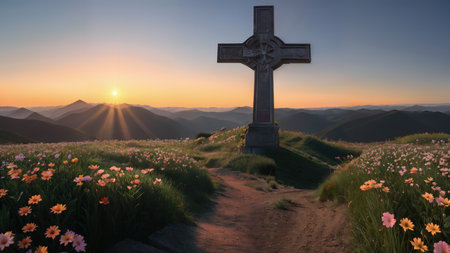 Religious Cross on the mountain at sunset. Landscape with flowers and a cross.の素材