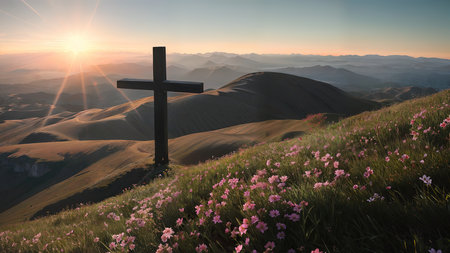 Religious Cross on the mountain at sunset. Landscape with flowers and a cross.の素材