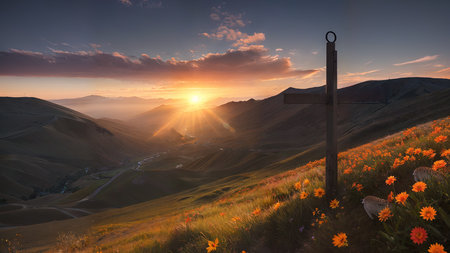Religious Cross on the mountain at sunset. Landscape with flowers and a cross.の素材