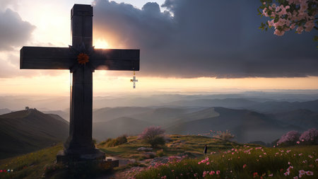 Religious Cross on the mountain at sunset. Landscape with flowers and a cross.の素材