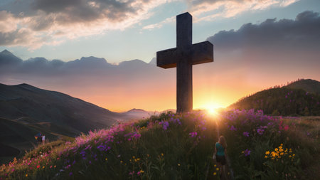 Religious Cross on the mountain at sunset. Landscape with flowers and a cross.の素材