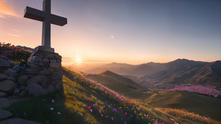 Religious Cross on the mountain at sunset. Landscape with flowers and a cross.の素材