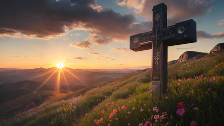 Religious Cross on the mountain at sunset. Landscape with flowers and a cross.の素材