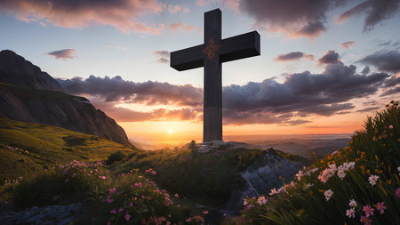Religious Cross on the mountain at sunset. Landscape with flowers and a cross.の素材