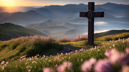 Religious Cross on the mountain at sunset. Landscape with flowers and a cross.の素材