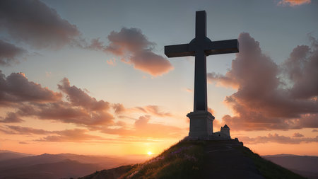 Religious Cross on the mountain at sunset. Landscape with flowers and a cross.の素材
