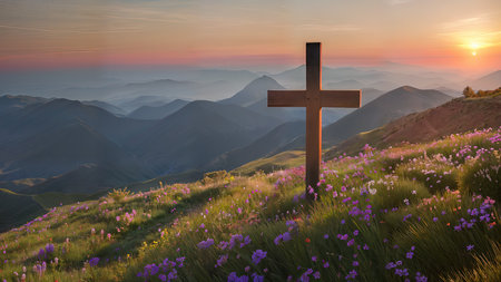Religious Cross on the mountain at sunset. Landscape with flowers and a cross.の素材