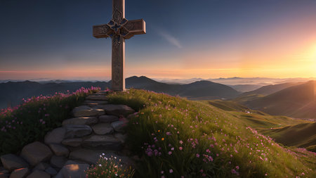 Religious Cross on the mountain at sunset. Landscape with flowers and a cross.の素材