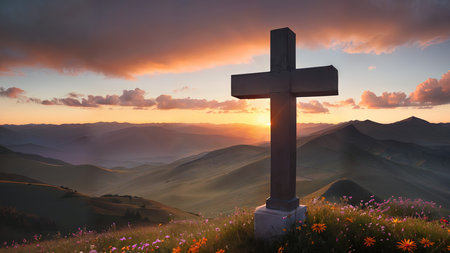 Religious Cross on the mountain at sunset. Landscape with flowers and a cross.の素材