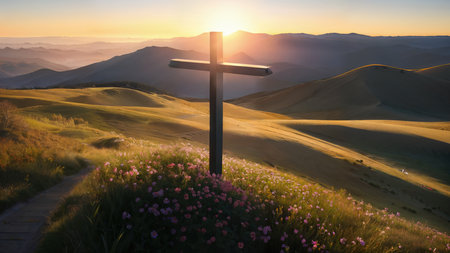 Religious Cross on the mountain at sunset. Landscape with flowers and a cross.の素材