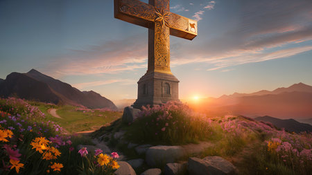 Religious Cross on the mountain at sunset. Landscape with flowers and a cross.の素材