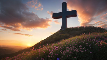 Religious Cross on the mountain at sunset. Landscape with flowers and a cross.の素材