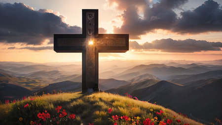 Religious Cross on the mountain at sunset. Landscape with flowers and a cross.の素材