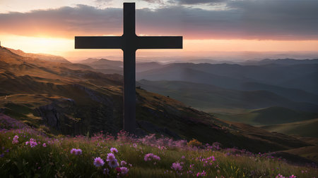 Religious Cross on the mountain at sunset. Landscape with flowers and a cross.の素材