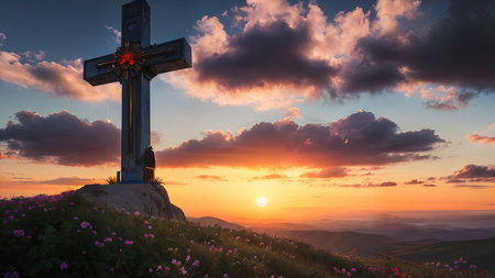 Religious Cross on the mountain at sunset. Landscape with flowers and a cross.の素材