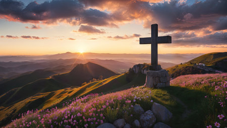 Religious Cross on the mountain at sunset. Landscape with flowers and a cross.の素材