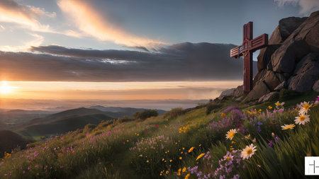 Religious Cross on the mountain at sunset. Landscape with flowers and a cross.の素材