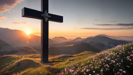 Religious Cross on the mountain at sunset. Landscape with flowers and a cross.の素材