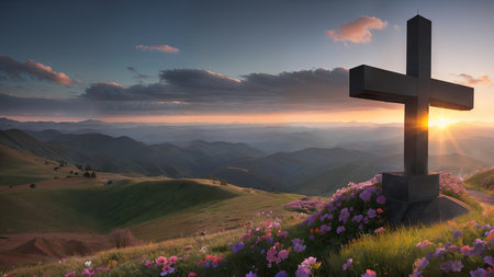 Religious Cross on the mountain at sunset. Landscape with flowers and a cross.の素材