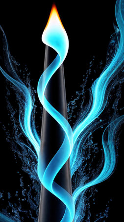 Blue flames of a gas stove on a black background. close-up. abstract illustrationの素材