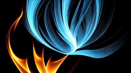 Blue flames of a gas stove on a black background. close-up. abstract illustrationの素材