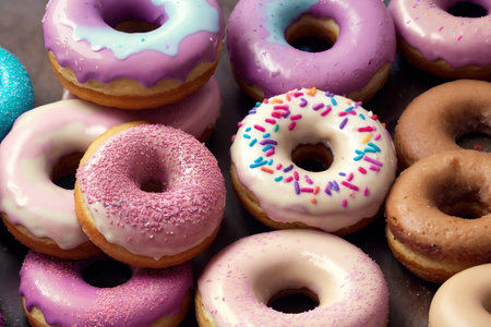 Colorful glazed donuts background. top view. flat lay.の素材