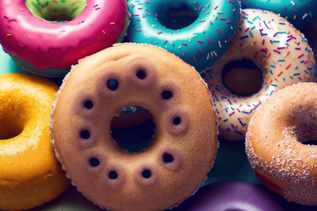 Colorful glazed donuts background. top view. flat lay.の素材