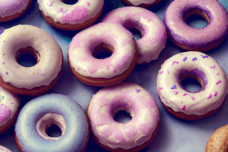 Colorful glazed donuts background. top view. flat lay.の素材