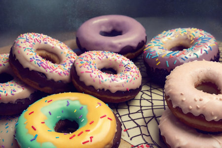 Colorful glazed donuts background. top view. flat lay.の素材