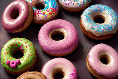 Colorful glazed donuts background. top view. flat lay.の素材