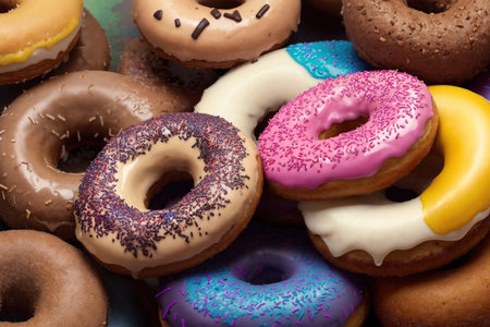 Colorful glazed donuts background. top view. flat lay.の素材
