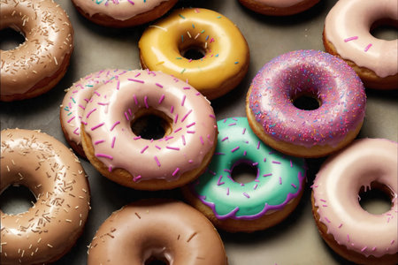 Colorful glazed donuts background. top view. flat lay.の素材
