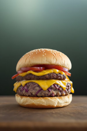 Cheeseburger with beef patty, cheese and pickles, Hamburger on wooden table with bokeh background, selective focusの素材