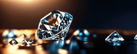 Brilliant diamonds on a dark background. 3d rendering.Close up macro a lot of faceted diamond fallingの素材