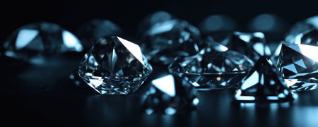Brilliant diamonds on a dark background. 3d rendering.Close up macro a lot of faceted diamond fallingの素材