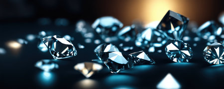 Brilliant diamonds on a dark background. 3d rendering.Close up macro a lot of faceted diamond fallingの素材