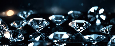 Brilliant diamonds on a dark background. 3d rendering.Close up macro a lot of faceted diamond fallingの素材