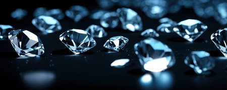 Brilliant diamonds on a dark background. 3d rendering.Close up macro a lot of faceted diamond fallingの素材