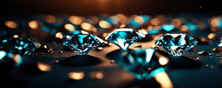 Brilliant diamonds on a dark background. 3d rendering.Close up macro a lot of faceted diamond fallingの素材