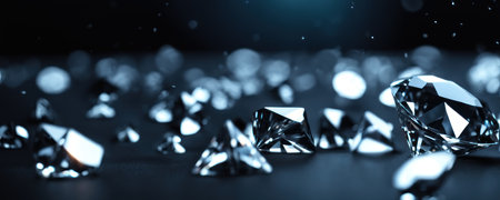 Brilliant diamonds on a dark background. 3d rendering.Close up macro a lot of faceted diamond fallingの素材