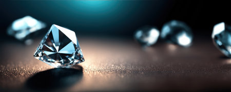 Brilliant diamonds on a dark background. 3d rendering.Close up macro a lot of faceted diamond fallingの素材