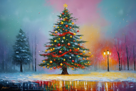 Abstract oil painting of Christmas tree, pastel colors splashの素材