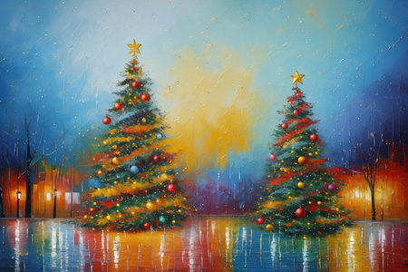 Abstract oil painting of Christmas tree, pastel colors splashの素材