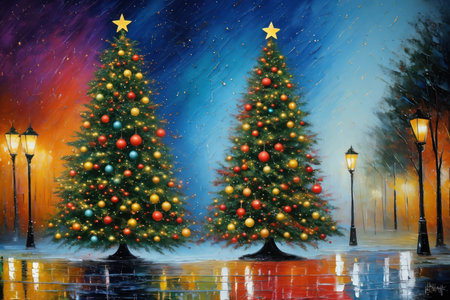 Abstract oil painting of Christmas tree, pastel colors splashの素材