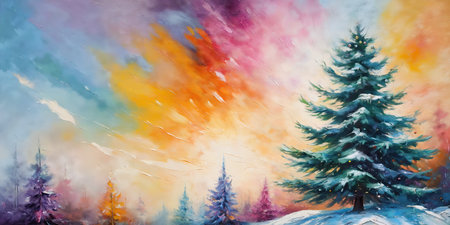 Abstract oil painting of Christmas tree, pastel colors splashの素材