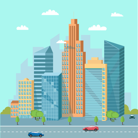 Urban landscape with skyscrapers and city buildings near the freeway - roads with car trafic. Vector illustrationのイラスト素材