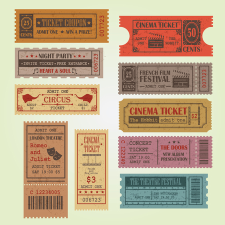 Set of vintage vector tickets and coupons template. Can be used for theatre, cinema, circus, film festival, party, ect.のイラスト素材
